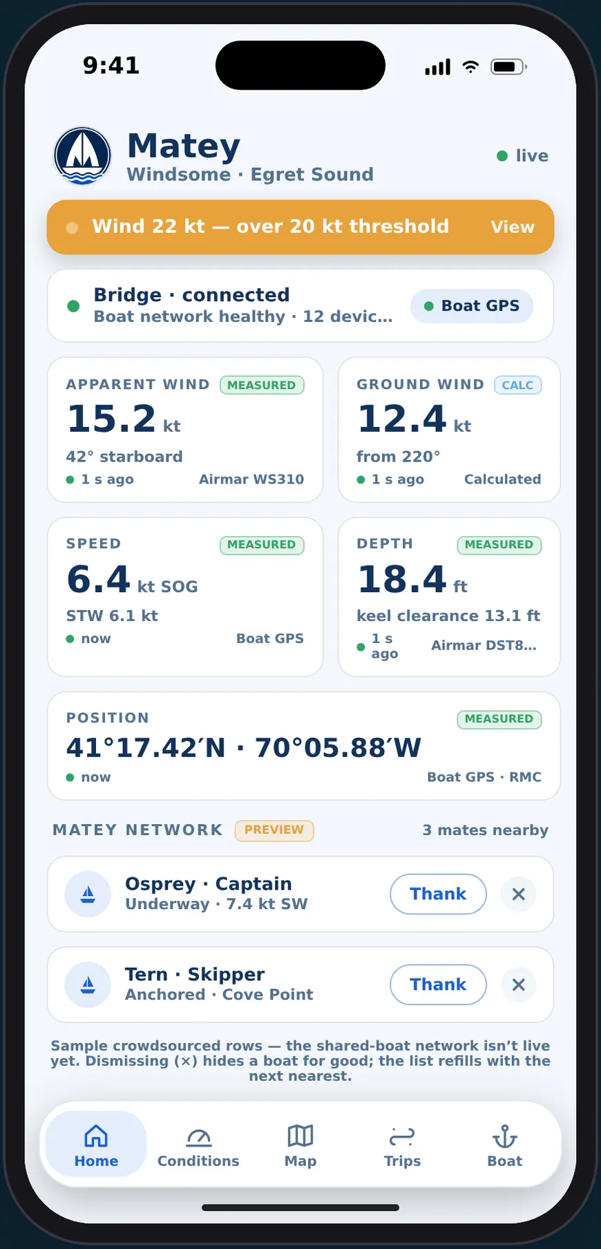 Design board 3b — the Home screen: alert banner, bridge status, instrument grid, network preview