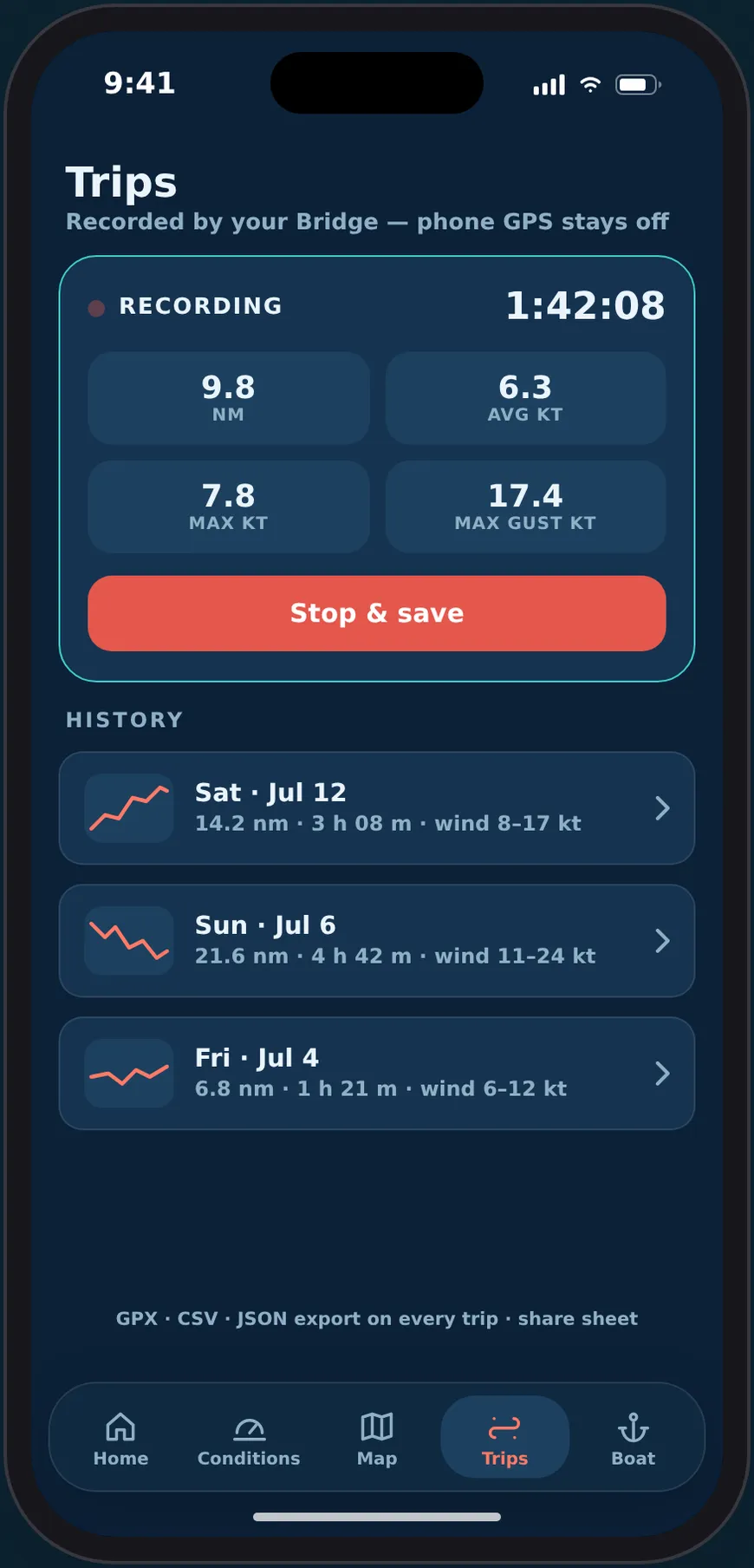 Design board 3c — the Trips screen: recording card and sparkline history